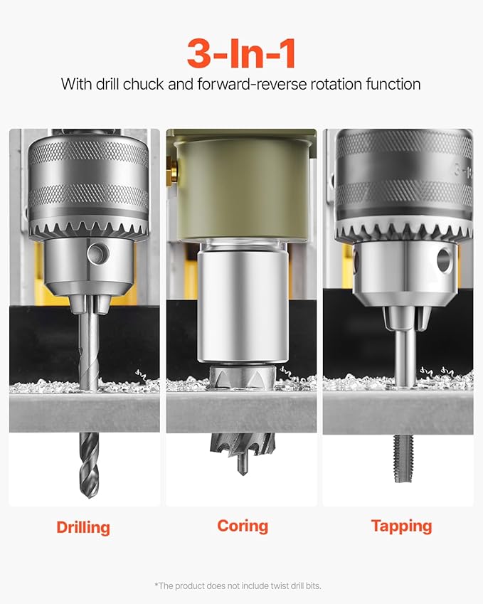 VEVOR Magnetic Drill, 1200W Motor 1.6 in Boring Diameter, 2810 lbf Electric Mag Drill Press, with 2 Coring Bits, Variable Speed, Drilling Machine for Metal Surface, Home Improvement Industry, Yellow