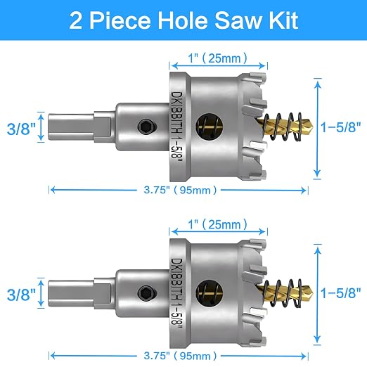 TCT Hole Saw Set, 2-Pack of 1-5/8" (40mm) Heavy Duty Tungsten Carbide Tipped Hole Cutters for Stainless Steel Mild Steel Copper Iron Brass Plastic and More, with Titanium-Plated Pilot Drill Bits