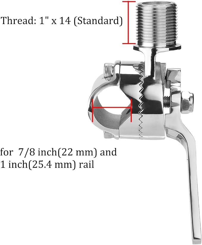 Marine VHF Antenna Mounts, Rail Mount Adjustable Antenna Base, Ratchet Mount, for 7/8 to 1 inch (22-25.4mm) Rail, 316 Stainless Steel, with Mounting Wrench