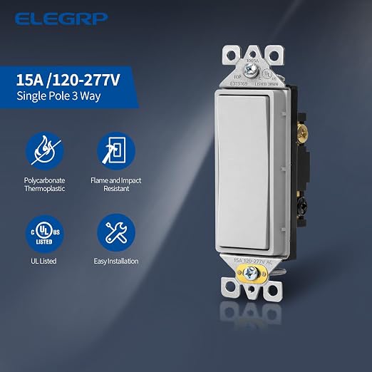 ELEGRP Matte Gray 3 Way Decorator Light Switch, 15A 120-277V, Paddle Rocker Switch Replacement, On/Off Wall Switch, Self-Grounding, Residential Grade, UL/CUL, 2 Pack