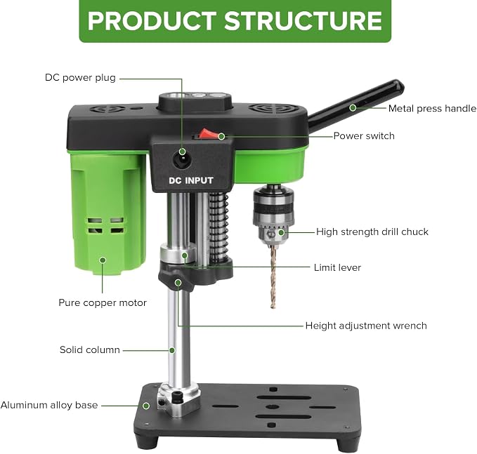 Mini Bench Drill Press,Small Benchtop Drill Press,Two Power Supply Modes,High Precison Low Noise,Compact Benchtop Drilling Machine, DIY Jewelry Making, Metal Wood Working