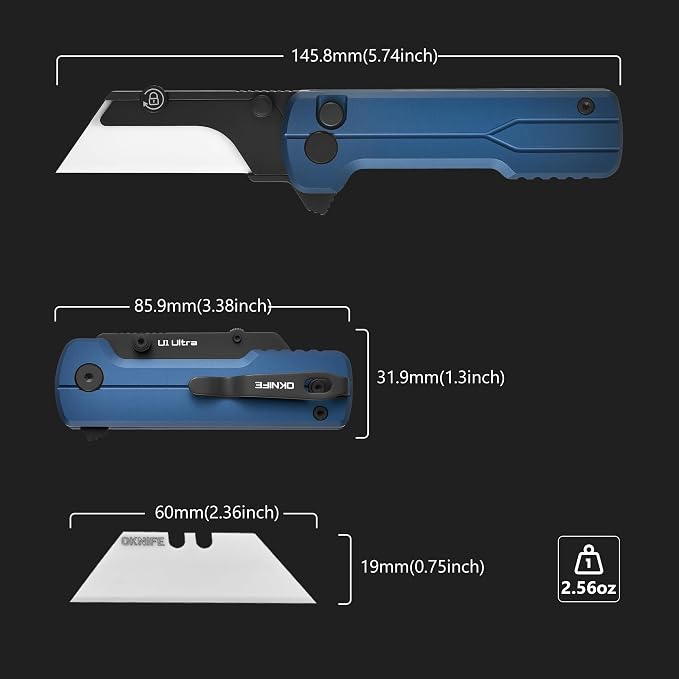 OKNIFE U1 Ultra Pocket Folding Utility Knife with Ceramic Blade, Lightweight O-Aluminum Handle Box Cutter with Clip, Button Lock Pocket Knife for Men Women (Navy Blue)