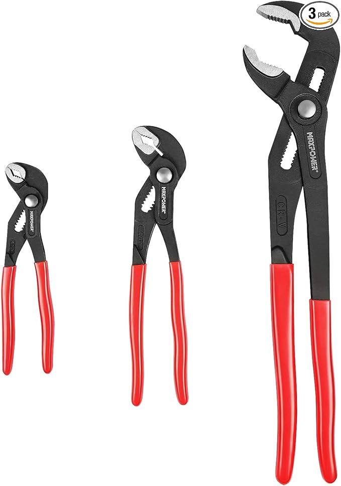 MAXPOWER 3-Piece Water Pump Pliers Set – 7" 10" 16" Tongue and Groove Pliers with Push Button Quick Adjustment | Plumbing Tool for Homeowner Plumber HVAC Mechanic | Includes Carrying Bag