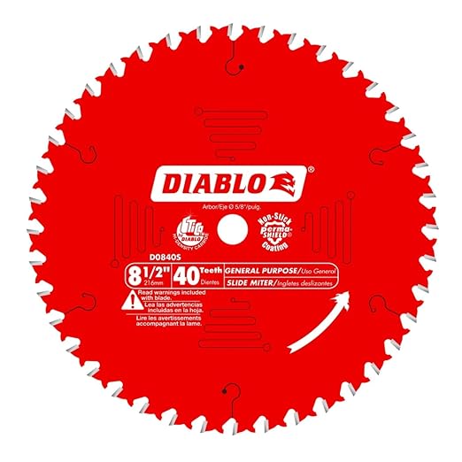 Diablo General Purpose Saw Blade for Wood - 8-1/2" Diameter, 40 ATB Teeth, 5/8" Arbor, .094" Kerf, 15° Hook Angle, .063" Plate, 9000 Max RPM - D0840S