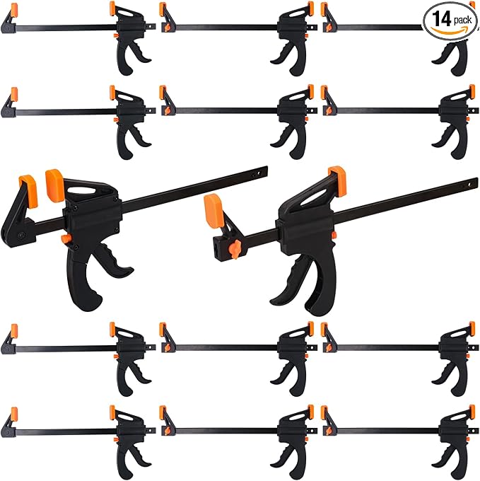 14 PCS 4 Inch Bar Clamps for Woodworking, Orange E-Z Hold Woodworking Bar Clamps Set, One-Handed Quick F Clamps, F Clamps Set for Carpenters & Woodworkers Tools
