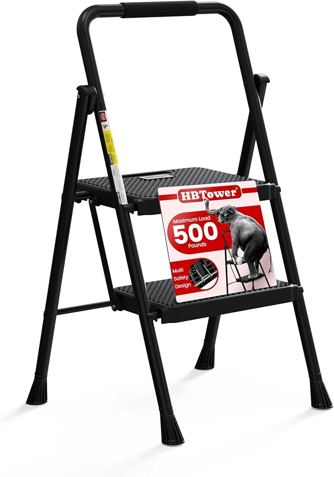 HBTower Step Ladder, Folding Step Stool with Wide Anti-Slip Pedal, Sturdy Steel Ladder, Convenient Handrail, Lightweight, Portable Steel Step Stool