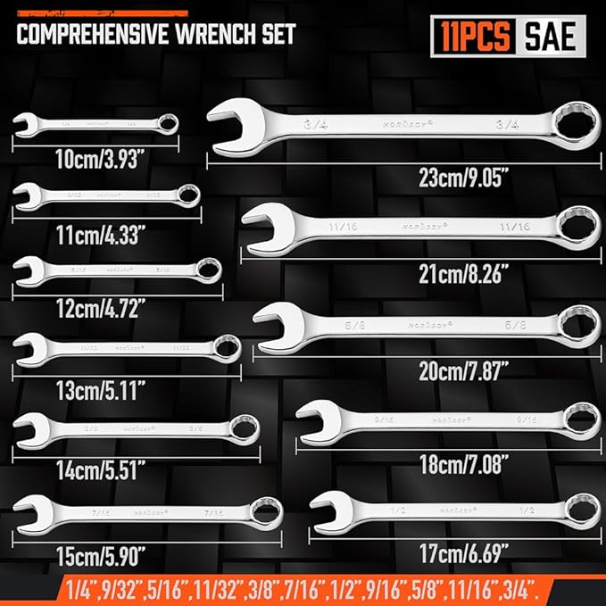 HORUSDY 11-Piece SAE Combination Wrench Set, 1/4''–3/4'' 12-Point Open End and Box End Wrench Kit with Organizer, Chrome Vanadium Steel Tools for Mechanics, Garages and Workshops