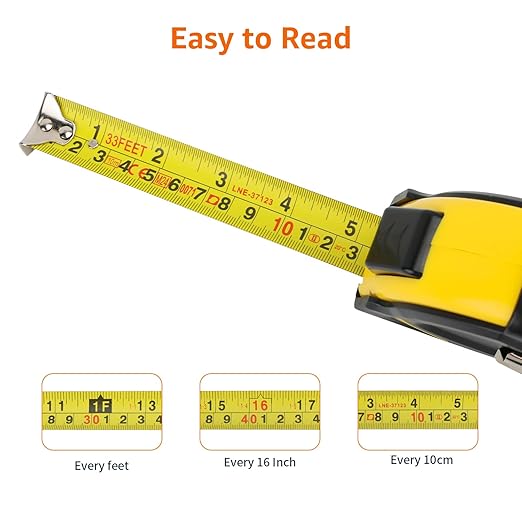 Amazon Basics Self-Locking Tape Measure with Belt Clip, 33 feet (10 m), Inch/Metric Scale, MID Accuracy, Black, Yellow