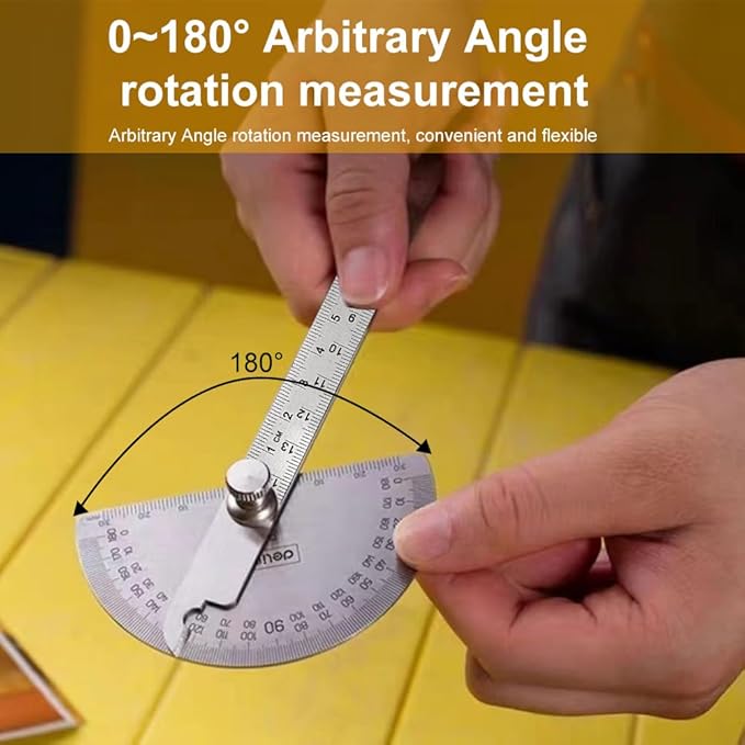 Stainless Steel Angle Protractor, 0-180° Round Head Protractor, Woodworking Angles Finder Ruler, Machinist Tool, Adjustable Angle Measure Tool (COLOR:Silver)