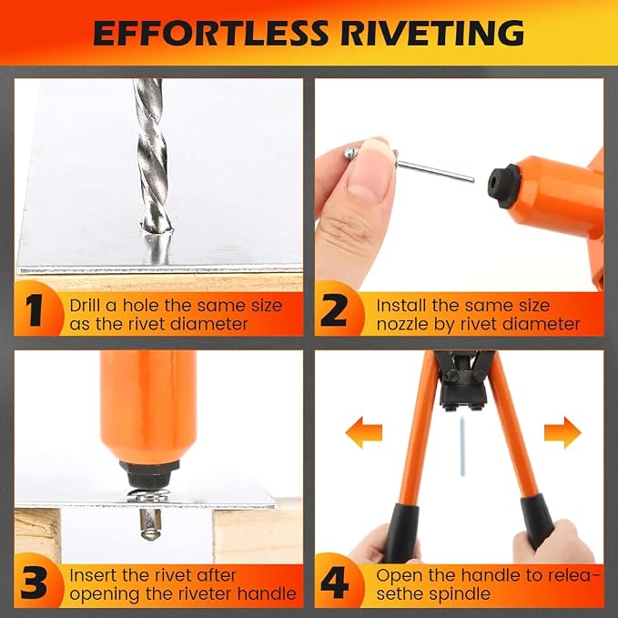 HONUTIGE Rivet Gun Kit, Professional Hand Riveter Heavy Duty Metal Rivet Gun Tool Manual Rivet Tool One-Handed Rivet Gun with 50 Rivets for DIY/Automotive Repairs/Furniture