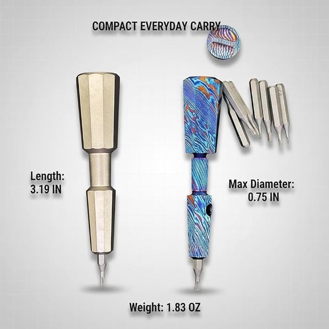 Mini Titanium EDC Pocket Screwdriver with 7 Bit Storage, 81mm / 3.19in Magnetic Precision Hex Driver Tool, Portable Polygon Everyday Carry Tool (Titanium Stonewash)
