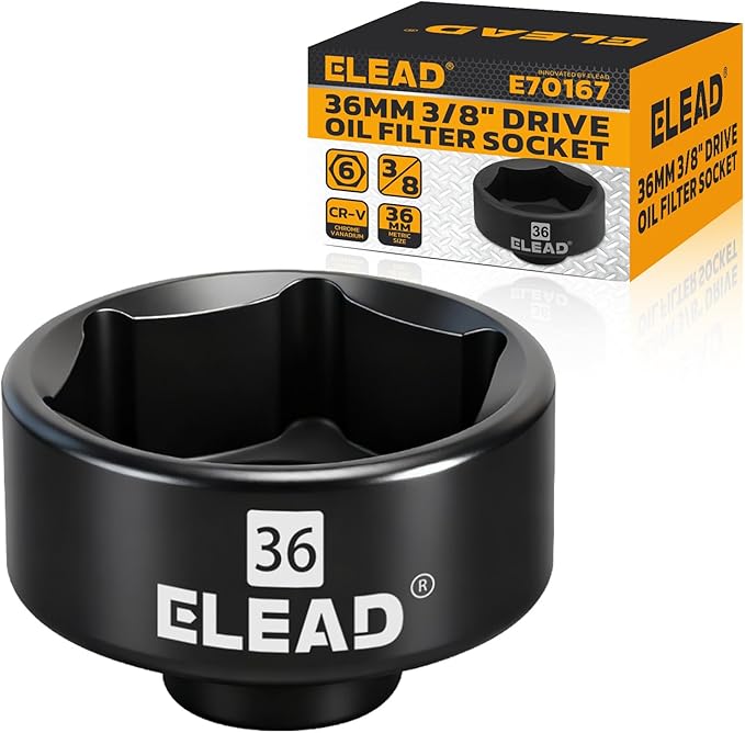ELEAD 36 mm Oil Filter Socket Wrench, 3/8'' Drive 6-Point Oil-Filter Removal Tool, Metric Oil Filter Wrenches, Low Profile Design for Easy Removal, Chrome Vanadium Steel Oil-Change Tool