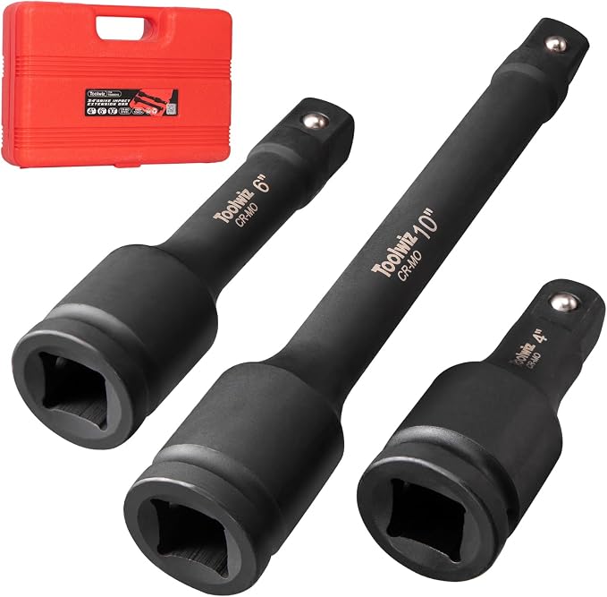 Toolwiz 3/4" Drive Impact Extension Bar 4", 6", 10" (3 Piece) Cr-Mo Steel | Expand Range of Impact Drivers, 3/4 inch Ratchet Wrench Extension Bar Socket Set Organized in Heavy Duty PVC Box, Black