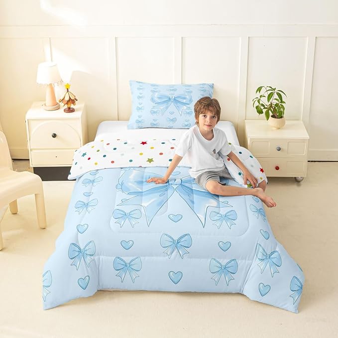 Feelyou Cute Blue Bow Bedding Set Soft for Boys Girls, Love Hearts Bowknot Comforter Set Twin Size Girly Bow Tie Duvet Quilt Microfiber Bedroom Decor 2 Pcs with 1 Pillow Cases