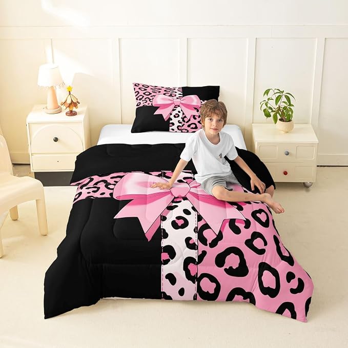 Feelyou Leopard Print Comforter Set All Season Cute Cheetah Bow Bedding Set with 1 Pillow Cases Animal Fur Microfiber Kids Twin Bedclothes Bedroom Decor Duvet Quilt Breathable Soft Lightweight