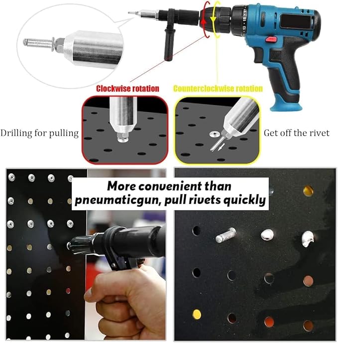Pop Rivet Gun Tool, Professional Cordless Riveter Adapter Kit Riveter Nut Tool Drill Attachment for Cordless Electric Power Drill (4 Threaded Head Sizes: 2.4/3.2/4.0/4.8mm)