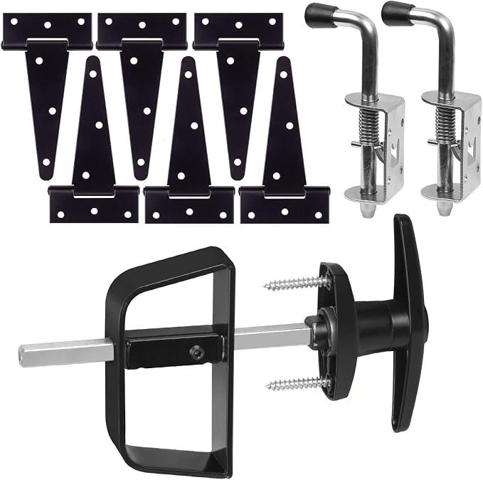 Double Door Shed Hardware Kit - Complete with Hinges, Latches, and 7-1/2" T-Handle Lock - Includes Window and Door/Window Hinge Set, for Gates, playrooms