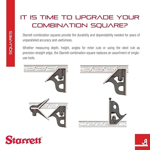 Starrett Steel Combination Square with Square Head - 24" Blade Length, Forged and Hardened Steel Heads, Reversible Lock Bolt, Scriber, Spirit Level, 4R Graduation Type - C33H-24-4R