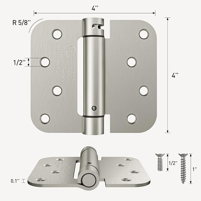 HOSOM Self Closing Door Hinges Brushed Nickel Spring Loaded Hinges 4 Inch Adjustable Tension for Garage, Front Door, Back Door, UL Listed, for Left and Right Hand Door, 5/8'' Radius Corners, 3 Pack