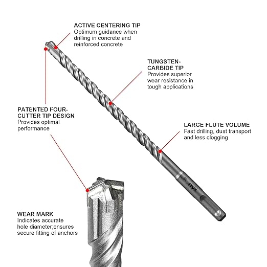 SALI SDS Plus Rotary Hammer Drill Bit 3 Pcs 5/8"*18" Concrete Drill Bit Kit Cross-Type Double Thread Carbide Material Suitable for Concrete, Brick, Cement Walls, Stone, Hammer Drill Bits for Concrete