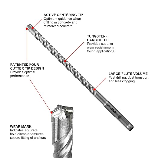 SALI 5 Pcs 7/16"*12" SDS Plus Rotary Hammer Drill Bit Concrete Drill Bit Kit Cross-Type Double Thread Carbide Material Suitable for Concrete, Brick, Cement Walls, Stone, Hammer Drill Bits for Concrete