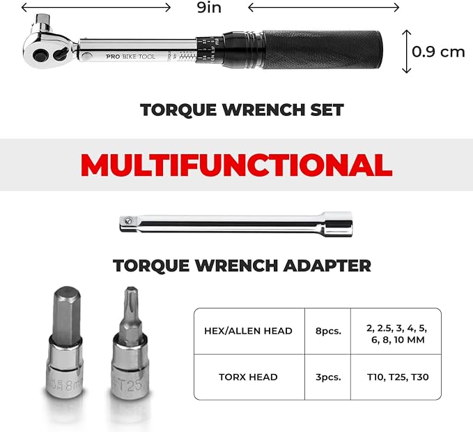 PRO BIKE TOOL Bike Torque Wrench Set - 1/4 Inch Drive, 2.2-16.9 Nm | 20-150 in-lb, Allen & Torx Bits, Extension Bar, Protective Storage Case
