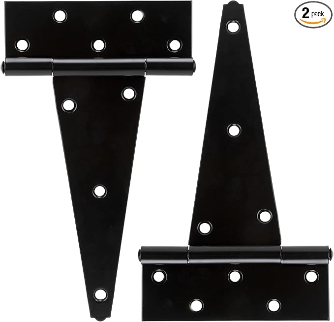 HILLMASTER 10 Inch T-Strap Heavy Duty Shed Door Hinges Gate Strap Hinges Black Tee Hinge Wrought Hardware for Wooden Fences,Yard,Barn Door,Rustproof (2 Pack)