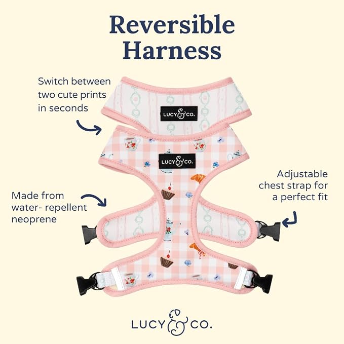Lucy & Co. Reversible Dog Harness - Water-Repellent Neoprene, Dual-Print Design, Easy Swap Style, Adjustable Comfort Fit - Sipping Slowly Reversible Harness - Medium