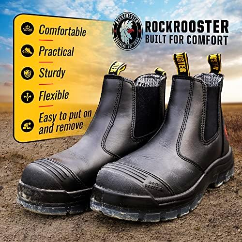 ROCKROOSTER Mens Work Boots, 6 inch Steel Toe, Pull On Safety Leather Chelsea Work Shoes Static Dissipative(AK227, AK222)
