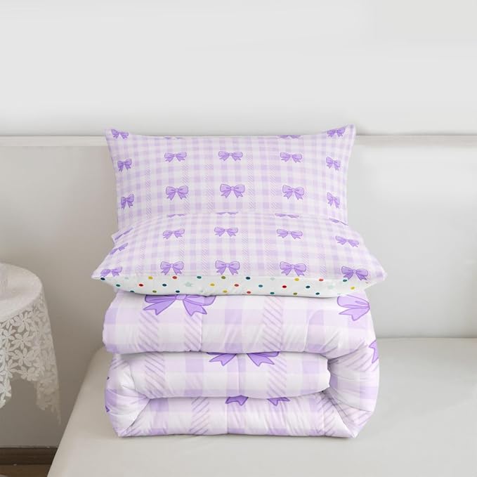 Feelyou Purple Bow Checkered Kids Comforter Set King Size Chic Grid Bowknot Bedding Set Girly Duvet Quilt for Kids Boys Girls Bedroom Decor Microfiber Ultra Soft Breathable