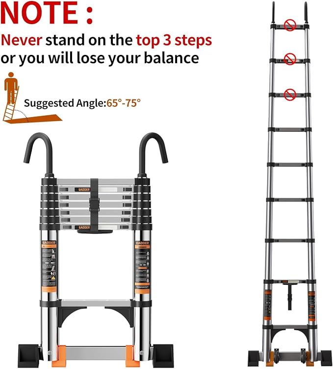 Telescoping Ladder,with Stable Hook and stabilizer barand,Extension Ladder, Heavy Duty 330lbs Max Capacity, Multi-Purpose Collapsible Ladder for RV or Outdoor Work(14.5FT/4.4M)