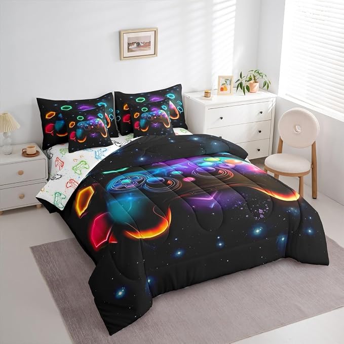 Game Consoles Boys Comforter Sets Twin Bed in a Bag 7 Piece Gamer Gifts,Gaming Twin Comforter Set for Boys Space Geometric Kids Sets Red Blue Teal,Kids Room Decor Bedroom Decor