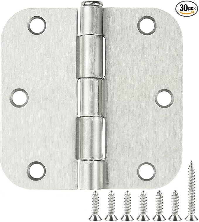3 Pack Rounded Door Hinges Brushed Nickel 3.5 Inch 5/8" Radius Hardware Satin 3 ½" Heavy Duty Flat Iron Silver Hinge for Doors Kit Interior 3 1/2" Bedroom Kitchen Living Storage Study Room Hallway