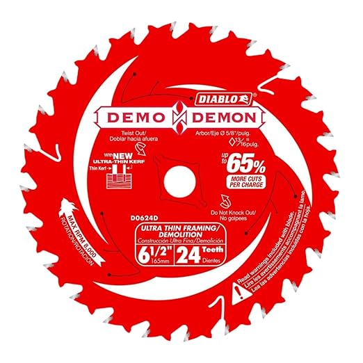Diablo Teeth Framing Saw Blade with Perma Shield Non-Stick Coating for Wood - 6-1/2" Diameter, 24 PYR Teeth, 5/8" Arbor, 8000 Max RPM - D0624DA