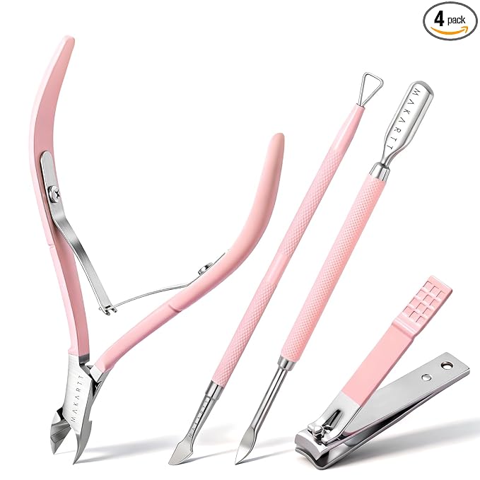 Makartt Cuticle Trimmer Set with Professional Cuticle Nipper, 2 Cuticle Pushers & Nail Clipper, Stainless Steel Pink Manicure Tools Kit for Women, Sharp, Ergonomic & Portable