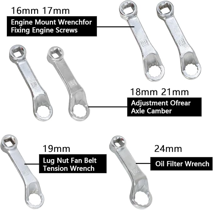 DPTOOL 6Pc Rear Camber Adjust Wrench Motor Mount Socket for Benz VW Audi | Offset Fixing Screws Oil Filter Removal Wrench Kit with 1/2 Drive 12 Point 16mm 17mm 18mm 19mm 21mm 24mm