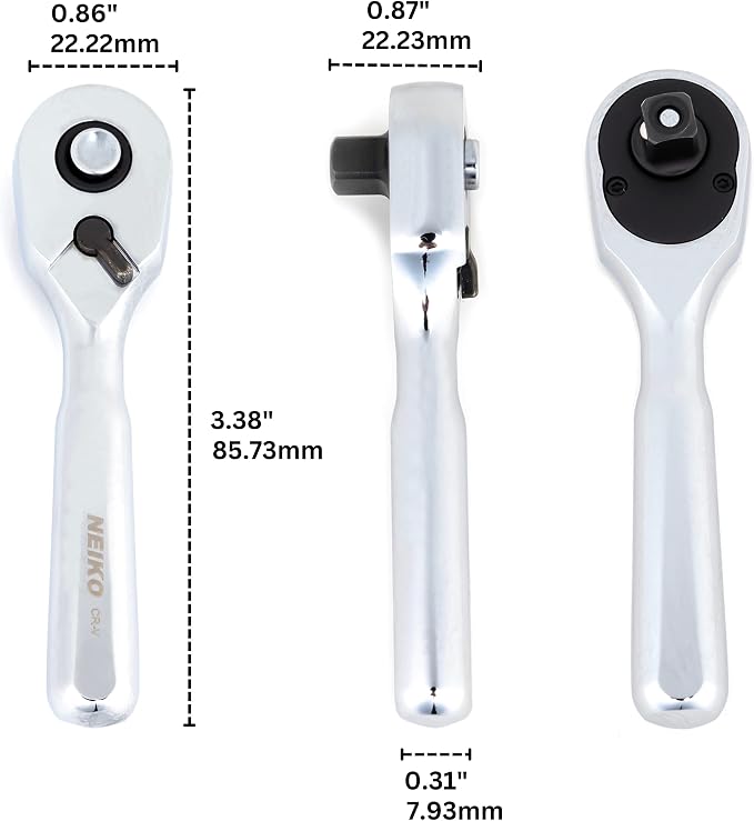 Neiko 03001A Stubby Ratchet, 1/4 Inch Ratchet Wrench, 108-Tooth Reversible Ratchet, 3.3 Degree, Quick Release Mini 1/4 Ratchet Drive, Oval Head Wrench, CR-V Steel Quarter Inch Small Ratchet Wrench
