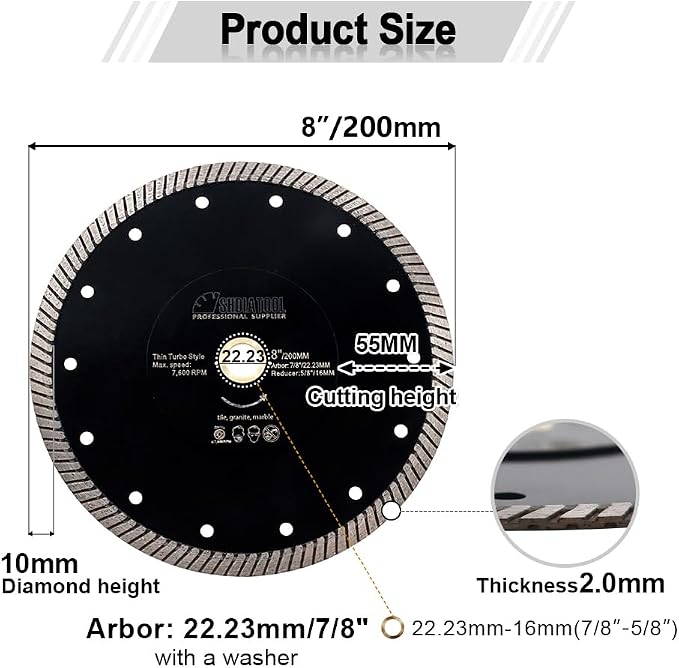 SHDIATOOL Diamond Turbo Blade 8 - Inch Super Thin Cutting Disc for Porcelain Ceramic Tile Granite Dia 200mm