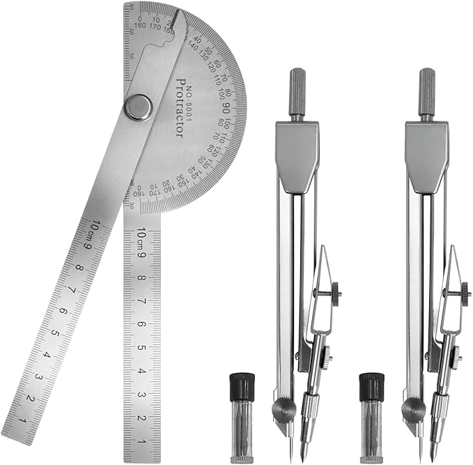 Protractor and Compass Set - 10cm (3.94 Inch) Stainless Steel Angle Finder with 2 Metal Compasses, 180° Adjustable Two Arm Ruler for Geometry, Woodworking, Engineering & School Supplies