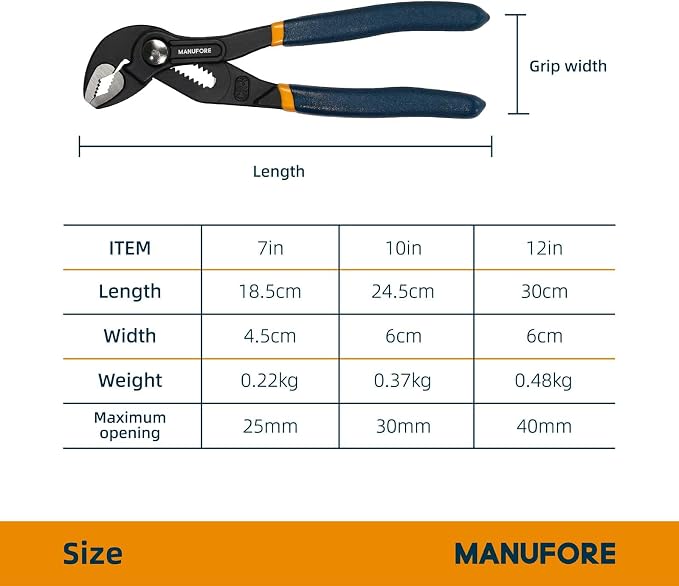 MANUFORE Water Pump Pliers, 7/10/12 Inch Tongue and Groove Pliers Set | Quick Release Design, Deep V-Jaws Teeth for Firm Grip, Comfort Grip and High Carbon Steel for Gripping Pipes, Rods, Shafts