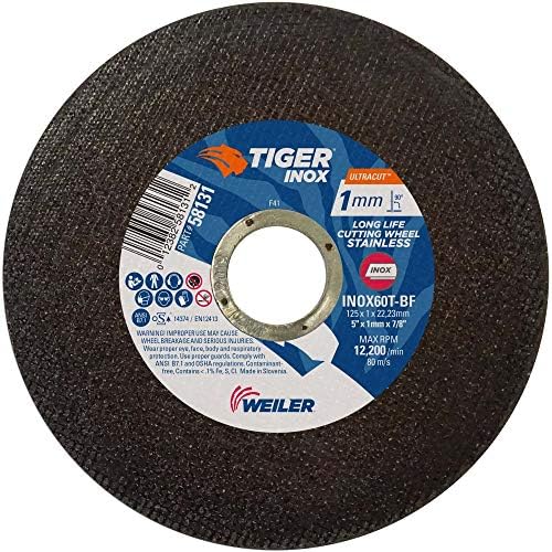 Weiler 58131 5 Inch Cutting Wheel, Tiger INOX Stainless Steel Ultracut 1 mm Contaminant-Free High Performance Thin Cutting, 1mm INOX60T Type 1 7/8" Arbor, Pack of 50