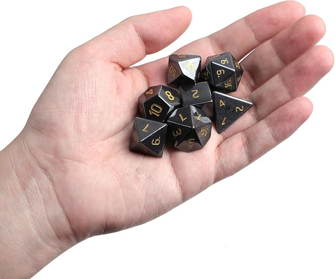 mookaitedecor 7 PCS Hematite Crystal Polyhedral DND Dice Set, Polished Tumbled Stones Dices for RPG MTG Table Games Home Decoration