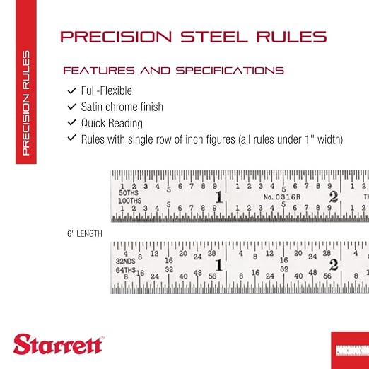 Starrett Full Flexible Steel Rule with Satin Chrome Finish, Quick Reading, and Inch Graduation - 16R Graduation, 6" Length, 1/64" Thickness - C316R-6