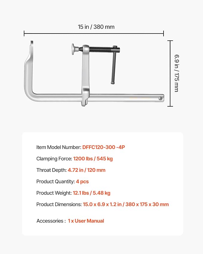 VEVOR Bar Clamps for Woodworking, 4-Pack, 12" Opening, 4.72 in Throat Depth, 1200 lbs Load Limit, Sturdy Steel Forging and Casting, with Swivel Jaw and T-Handle, for Wood Working and Metal Working