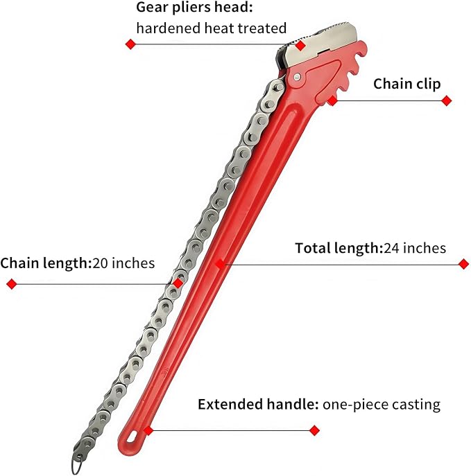 Chain Pipe Wrench 24" for 3" ~ 5" pipe diameter, chain length 20.3". Heavy-duty chain pipeline tool for pipeline installation, oilfield pipeline operations and maintenance