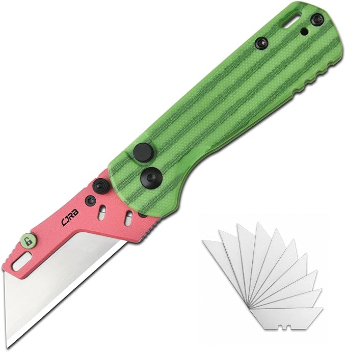 CJRB Boxer Folding Utility Knife, Button Lock EDC Pocket Knife with G10 Handle, Includes 10PCS Total Blades(J1967 Watermelon Green)