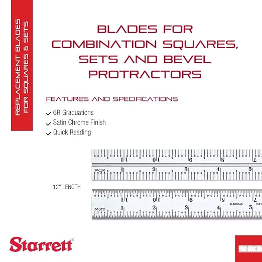 Starrett Blade Only for Combination Squares, Sets and Bevel Protractors - Ideal for Woodworking and Metalworking - 12" Length, Satin Chrome Finish, 6R Graduation - CB12-6R