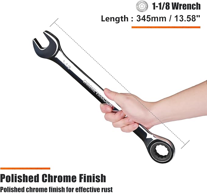 Egofine 1-1/8 inch Ratcheting Combination Wrench SAE, Industrial Grade Gear Spanner with 12-Point Design, 72-Tooth Ratchet, Chrome Vanadium Steel