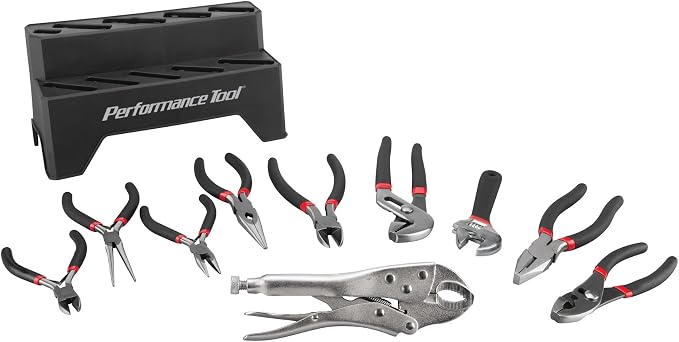 Performance Tool W1705 Pliers Set with Rack (10 Pieces) - Double Dipped Grip Handles, Heat-Treated Alloy Steel, Free Standing or Pegboard Hanging, Machined Jaws, Induction Hardened Cutting Edges