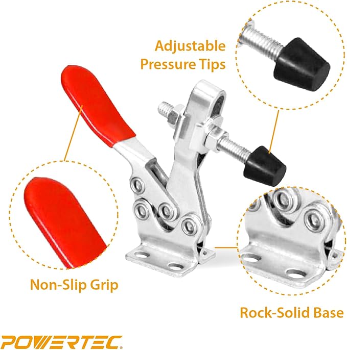 POWERTEC 12PK Toggle Clamp, 300 lbs Capacity, 201B Quick Release Horizontal Clamps w/Antislip Rubber Pressure Tip for Woodworking Jigs and Fixtures, Welding, Drill Press, Crosscut Sled (20327-P3)